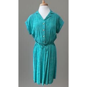 Vintage Womens XL Midi Handmade Tailored Dress Teal Green Jacquard Floral Maisel